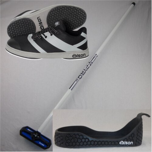 Olson Starterset: Crosskick Curlingschuh + Gripper + Fiberglas Curlingbesen mit beweglichem Kopf M9